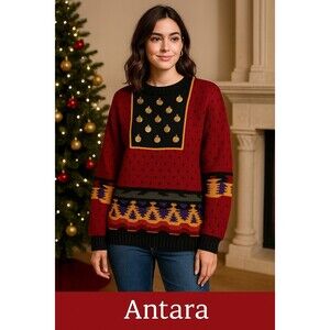Vintage Antara Sweater 80s 90s Southwestern Tribal Coin Medallion sz12 Black Red
